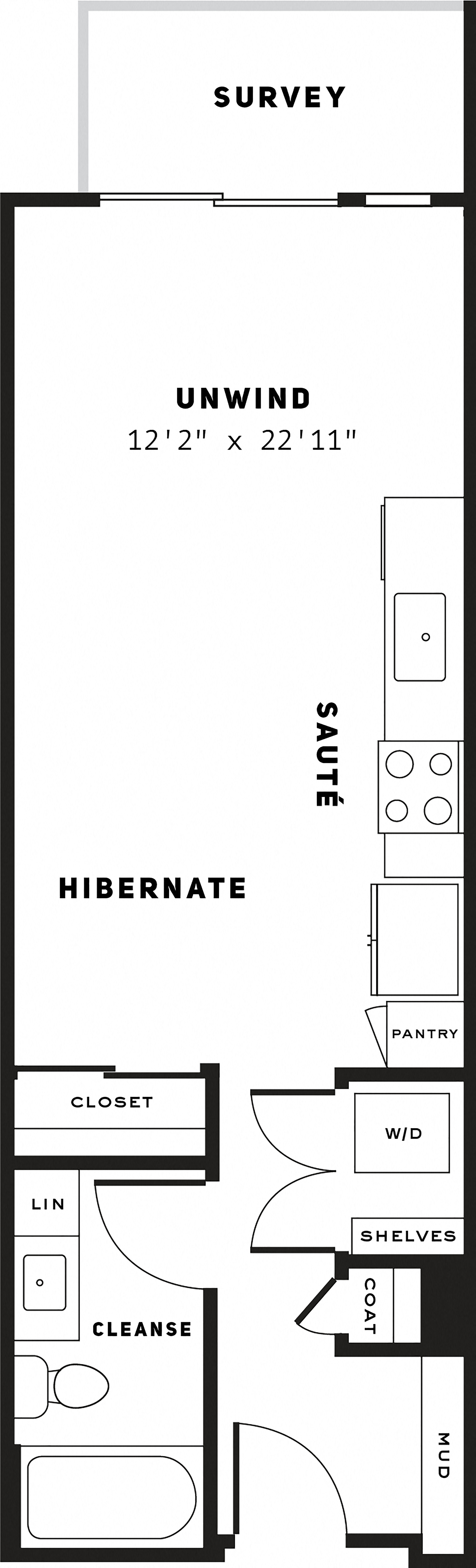 Floor plan for studio, 1 bath, 478 sqft